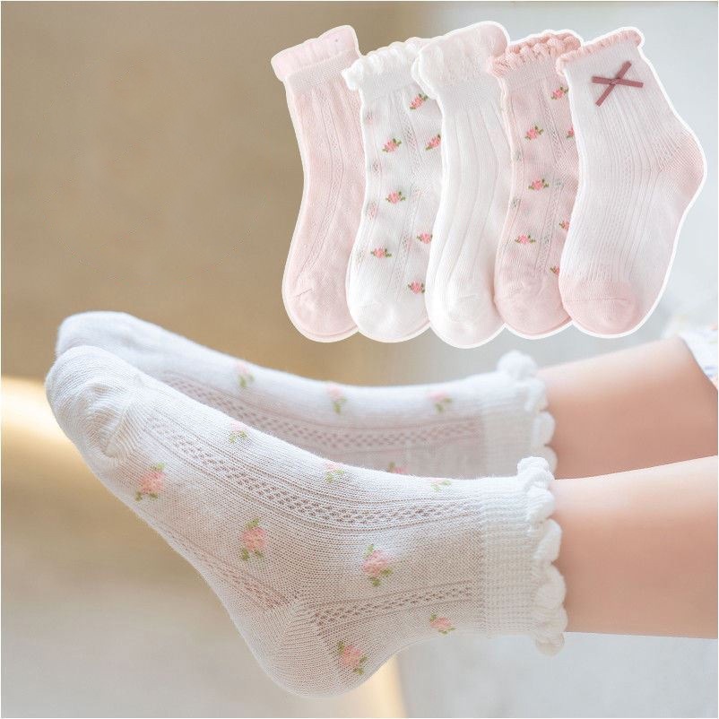 Set 5 Đôi Tất Lưới Thoáng Khí In Họa Tiết Hoạt Hình Dễ Thương Cho Bé 0-2 Tuổi