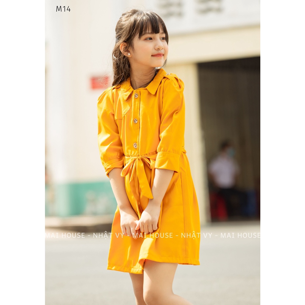 Đầm Bé NHẬT VY Tay Dài Thắt Eo Rời Chất Kaki Thun Đi Chơi Dáng Suông Màu Đỏ, Hồng, Vàng - M14