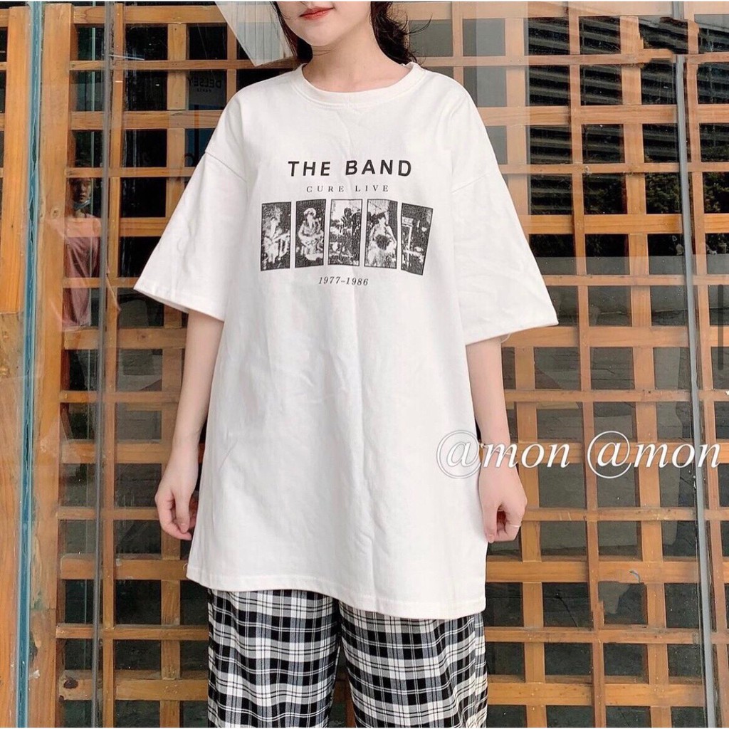 Set Bộ The Band + Quần Kẻ Caro Dáng Cullotes Baggy - Áo Phông Trắng in chữ mix Quần dài caro