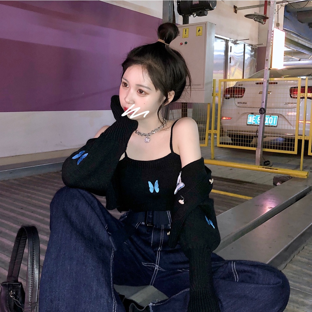DUNEA Set Áo Hai Dây Dệt Kim Thêu Hình Bướm Và Áo Khoác Cardigan Phong Cách Hàn Quốc Xinh Xắn Cho Nữ