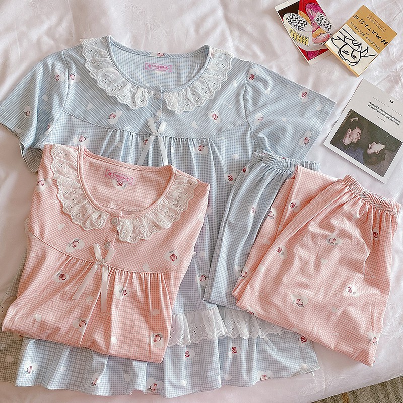 Bình thường cộng với chất béo cộng với kích thước ren ngắn tay đồ ngủ nữ cotton tinh khiết bộ đồ phục vụ tại nhà | BigBuy360 - bigbuy360.vn