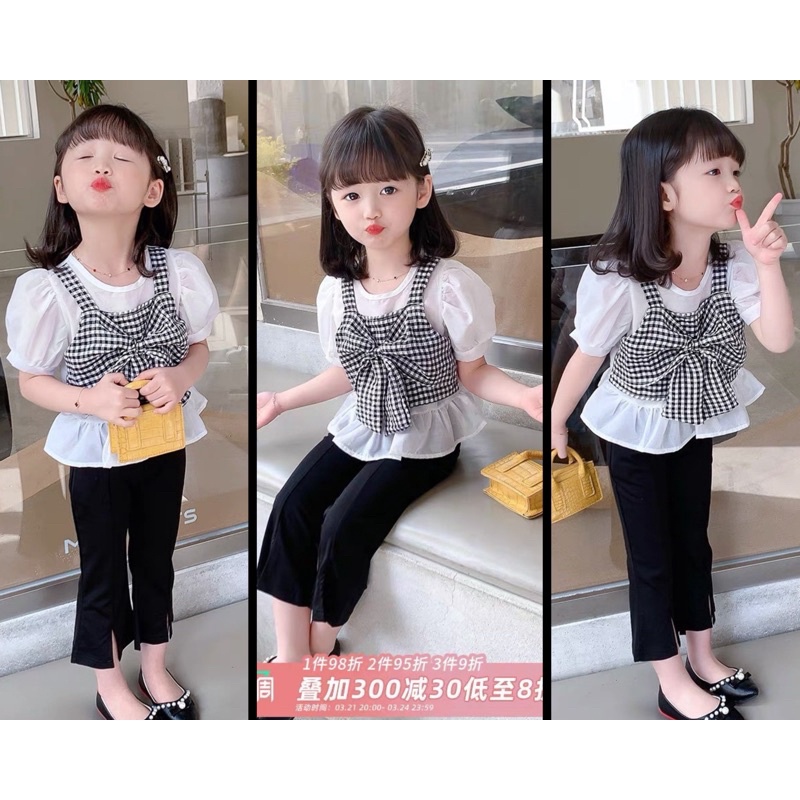Set Đồ Mùa Hè 2 Món Áo sơ mi cánh tiên nơ kẻ + Quần Dài xẻ gấu Cho Bé Gái 1 - 7 Tuổi