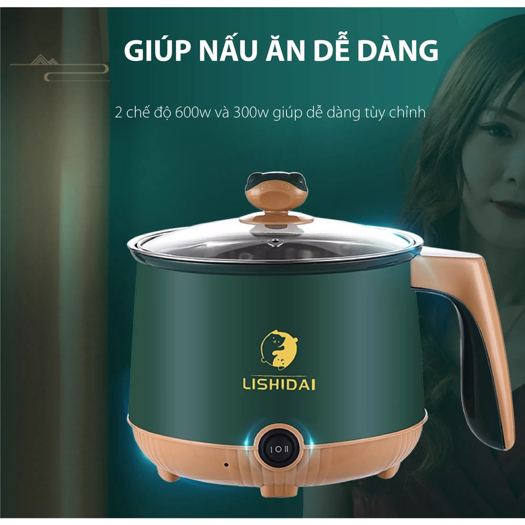 Nồi Lẩu Điện Mini Chống Dính LISHIDAI 18cm Kèm Giá Hấp Inox, Ca Nấu Mì Và Ăn Lẩu Cho 2 Người