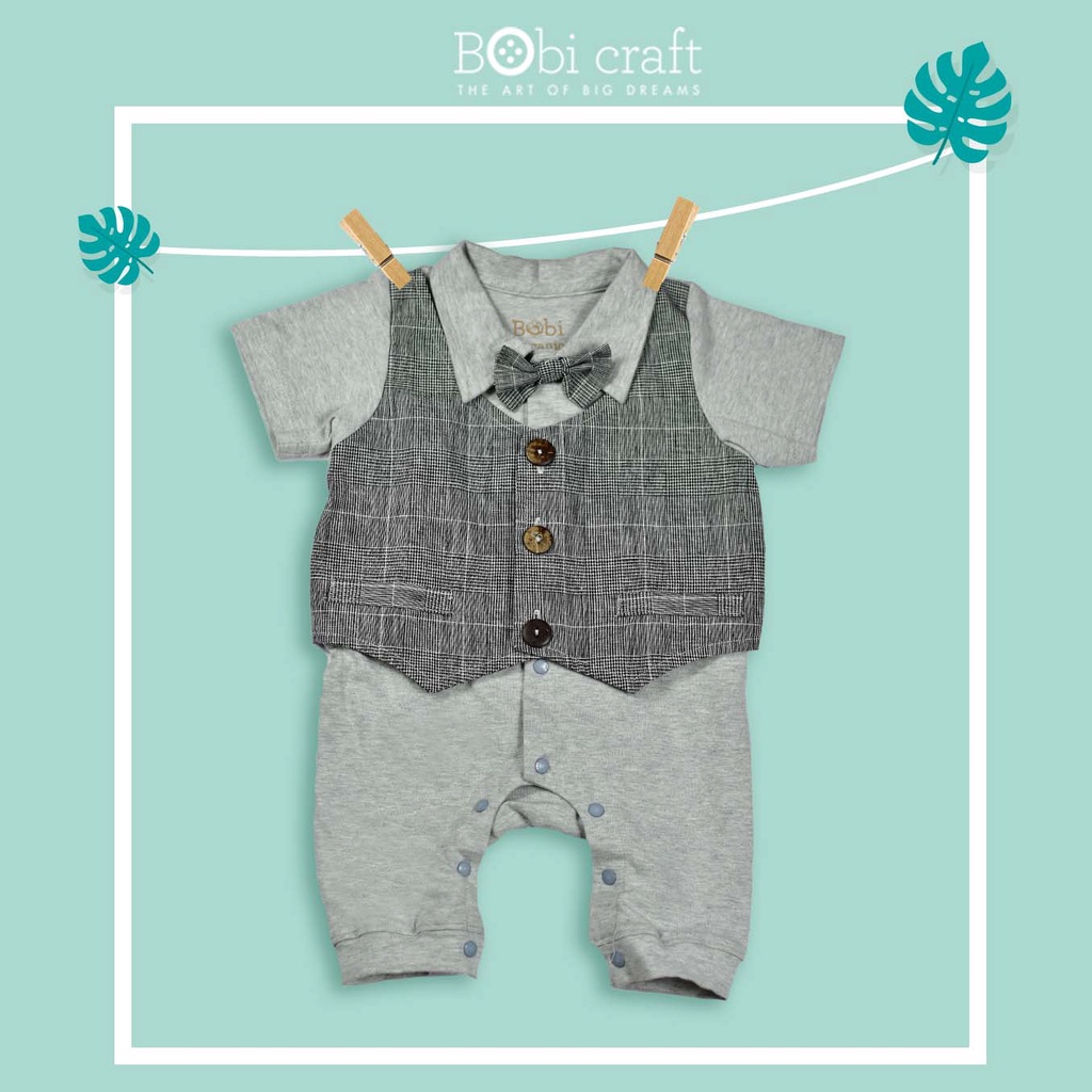 Quần áo trẻ em Bobicraft - Bộ đồ liền thân bodysuit Romper Gile xám nơ đỏ bé trai - Cotton hữu cơ organic an toàn