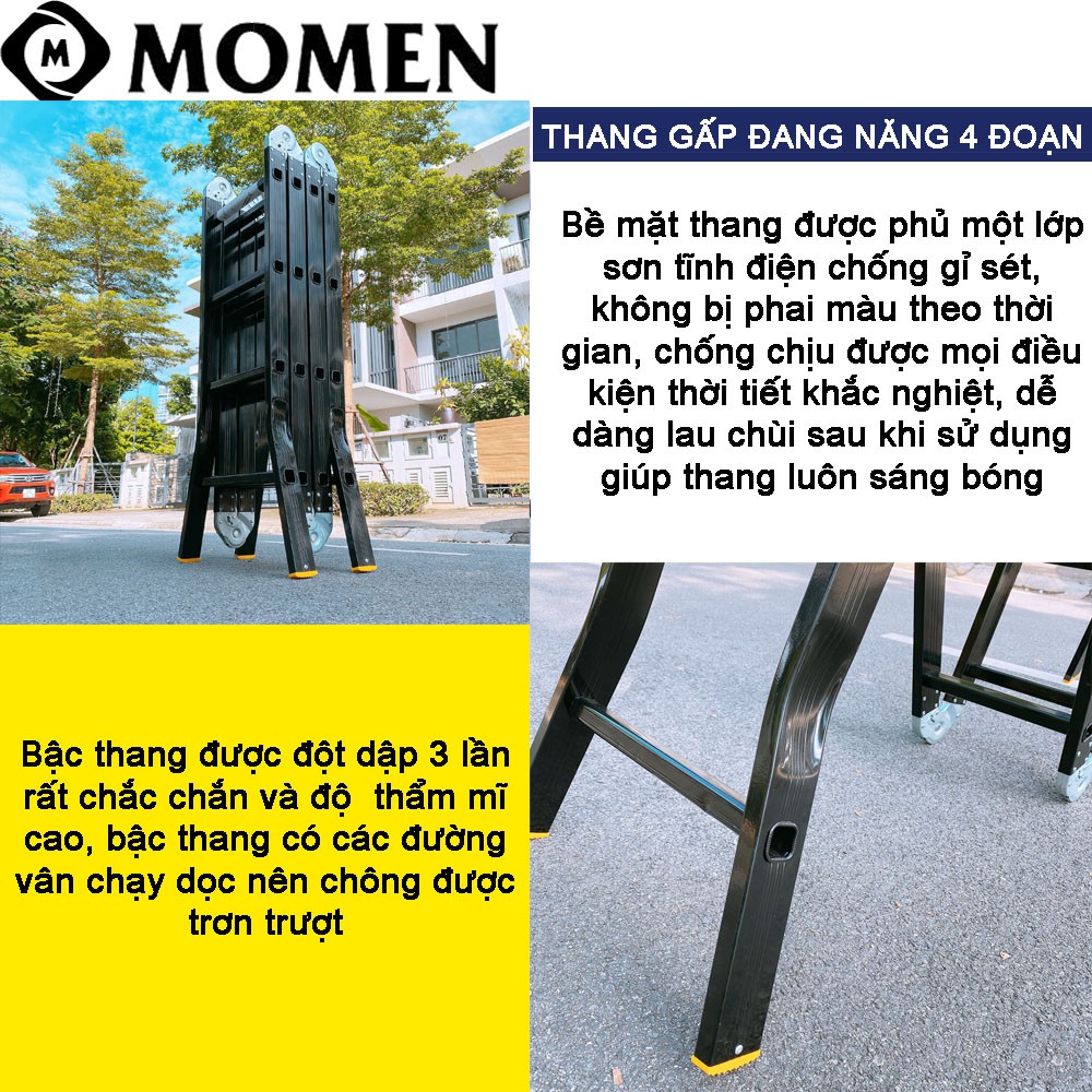 Thang nhôm gấp xếp đa năng 4 đoạn cao cấp nhập khẩu chính hãng MOMEN MO404TGBK-A (chữ A -2 .37m, chữ I - 4.74m)