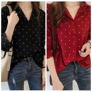 Áo sơ mi Chiffon chấm bi tay dài cho nữ