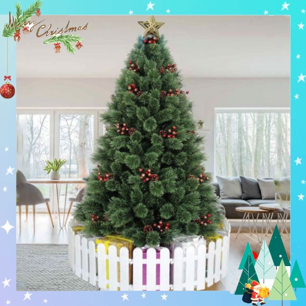 Cây thông noel 3m A6 cước nở hoa gắn trái đỏ và trái thông tán lá dày trang trí giáng sinh trong nhà ngoài trời