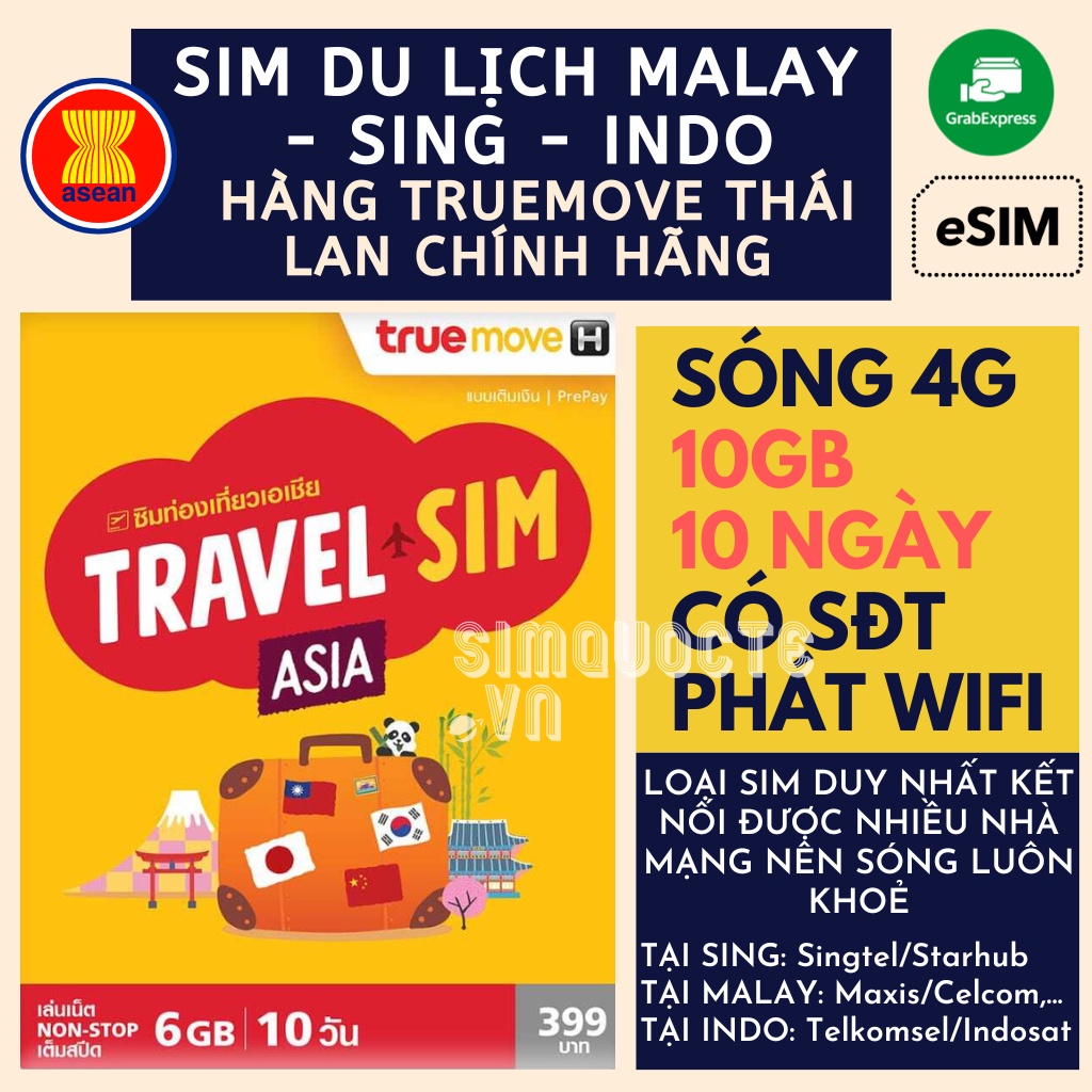 Sim Du Lịch Malaysia Singapore Indonesia DTAC GO INTER VÀ TRUEMOVE TRAVEL ASIA