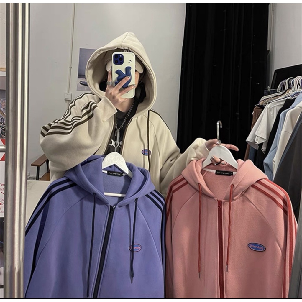 Áo khoác nam nữ thể thao ulzzang 3 sọc màu be🌸 Áo sweater hoodie nỉ bông kiểu dáng thể thao form rộng unisex