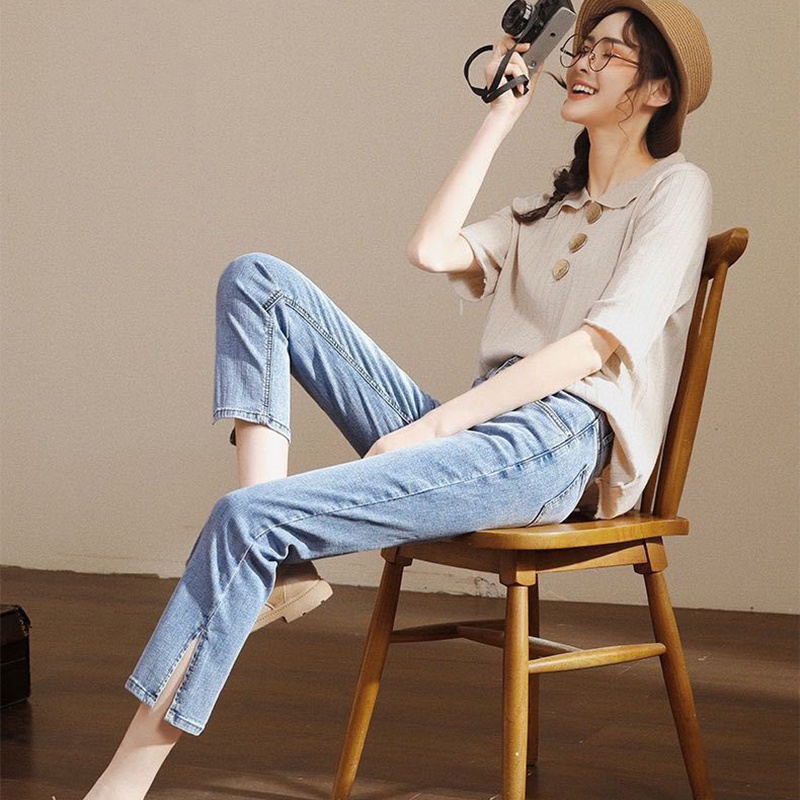 Quần jean lửng IELGY lưng cao dáng ôm màu đen tùy chọn màu dành cho nữ