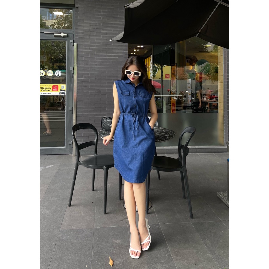 Váy denim dáng dài cổ sơ mi phong cách Hàn Quốc