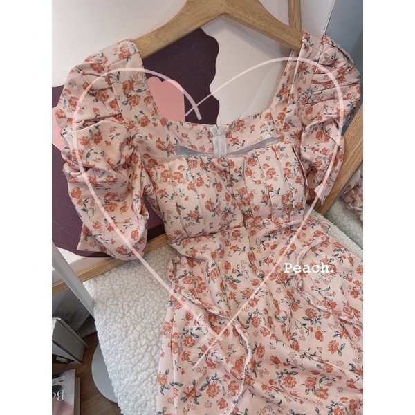 ĐẦM MIDI HOA XẾP NGỰC NÚT BỌC