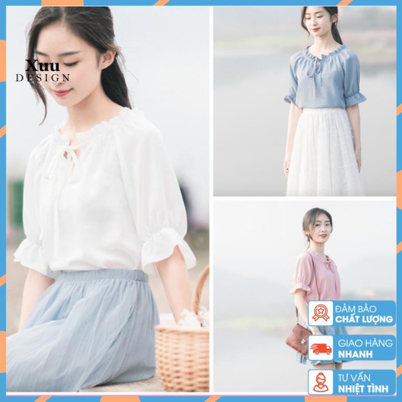 SALE Áo Kiểu Nữ Cổ Bèo Xuu Design, Áo sơ mi trắng cổ bèo tay lỡ kiểu cách 3 Màu ( Xanh + Hồng + Trắng) SP10