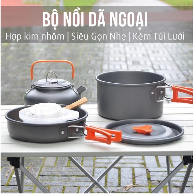 Bộ Nồi Dã Ngoại Nồi Ấm Cắm Trại 3 Món Bằng Nhôm Siêu Nhẹ Gồm Chảo Nồi Và Ấm Đun Nước Có Thể Gấp Gọn