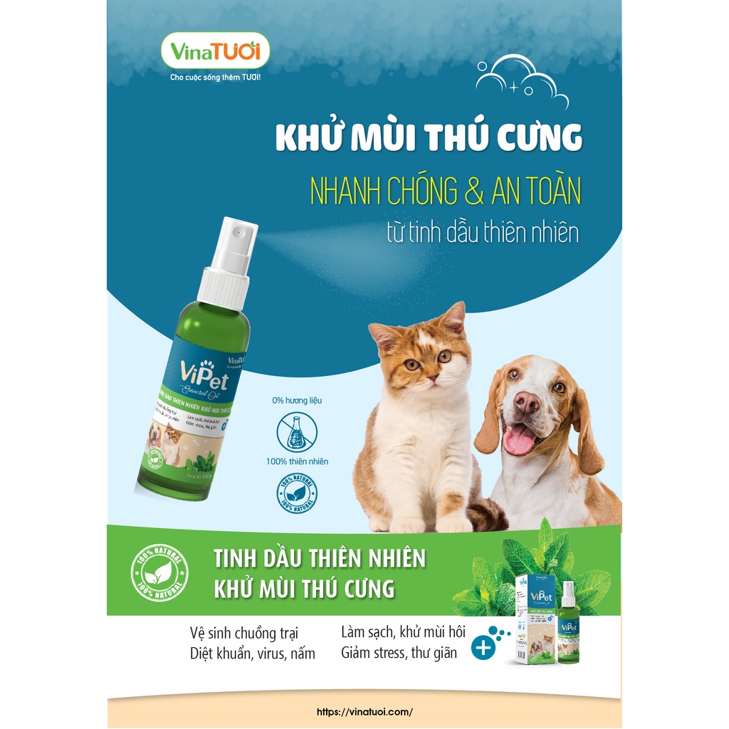 Xịt Khử Mùi Hôi Mèo Chó Vipet 100ml Vina Tươi Nguyên Chất 100%- Diệt Khuẩn