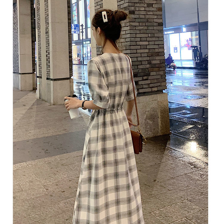 Đầm Dài Qua Gối Họa Tiết Caro Thời Trang Thu Hè Thông Minh Phong Cách Pháp Cho Nữ