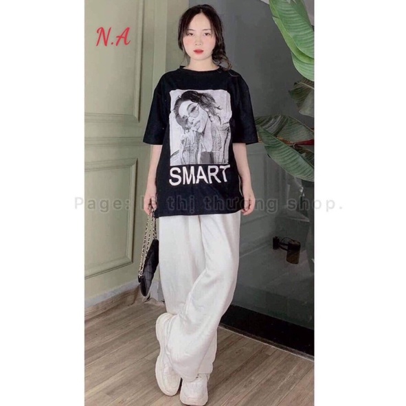 Set Quần Dài Trắng suông Áo ABCD, Cô Gái Nữ [FREESHIP] Bộ đồ culottes trơn  kèm thun form rộng tay lỡ in hình Ulzzang