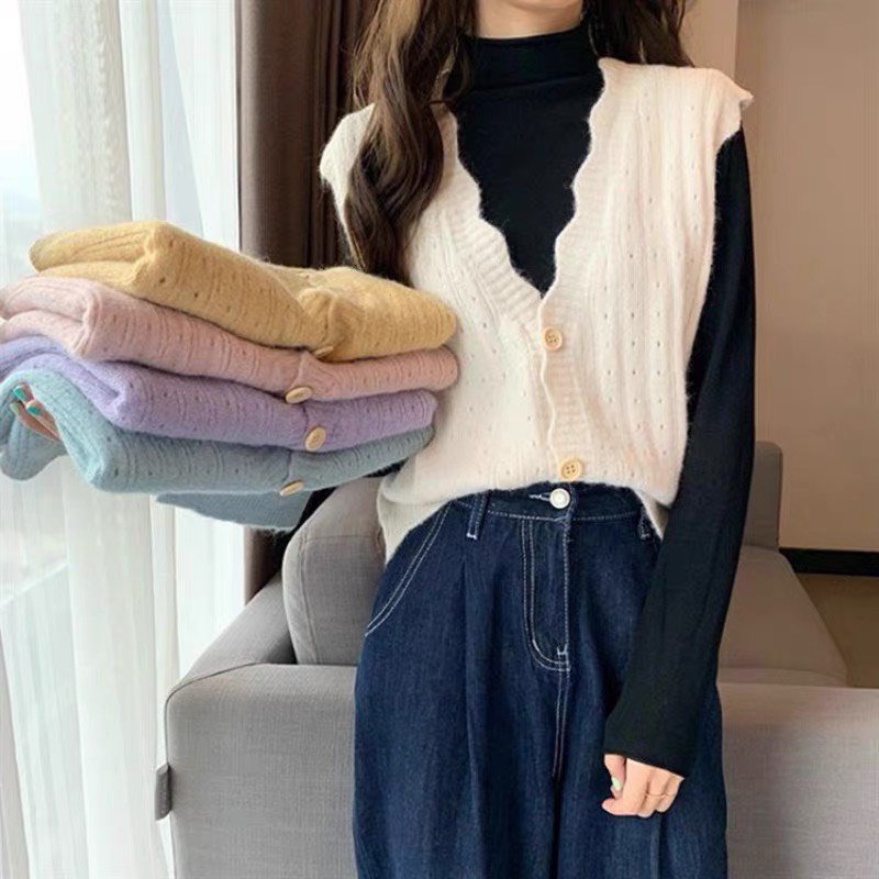 Áo Len Gile Nữ ghile Cổ V Basic Màu Trơn Có Cúc Kiểu Hàn Quốc Ulzzang thời trang Xiaozhainv vn_K3C1