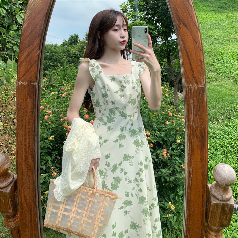 Đầm Dáng Chữ A Cổ Vuông Thiết Kế Mỏng Họa Tiết Hoa Xinh Xắn Thời Trang Mùa Hè