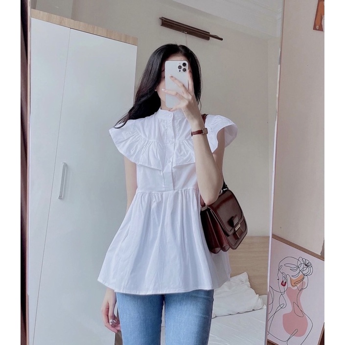 Áo Trắng tay bèo Moon BABYDOLL Thiết kế cổ đứng form basic style ullzang hàn quốc