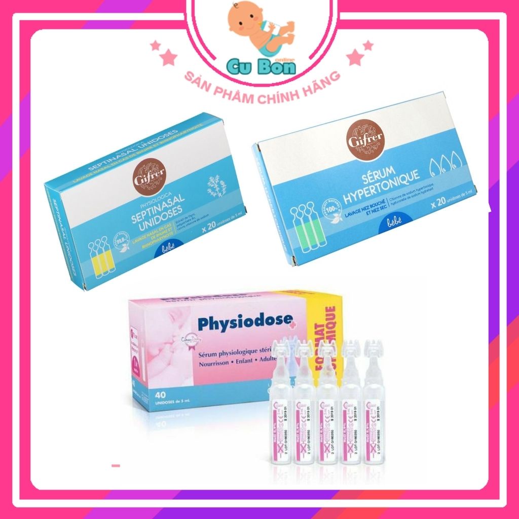 Nước muối nhỏ mũi GIFRER của Pháp hộp 20 ống tép màu vàng giúp bé giảm tắc nghẽn mũi sổ mũi an toàn cho bé từ sơ sinh