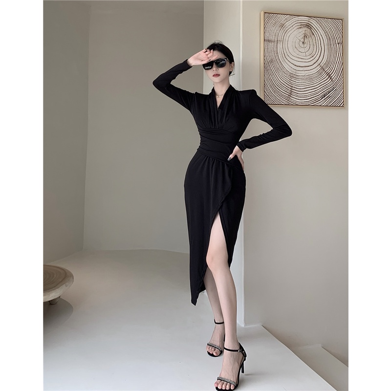 Đầm xẻ tà cổ v thắt eo dài tay cotton sexy phong cách Hàn Quốc