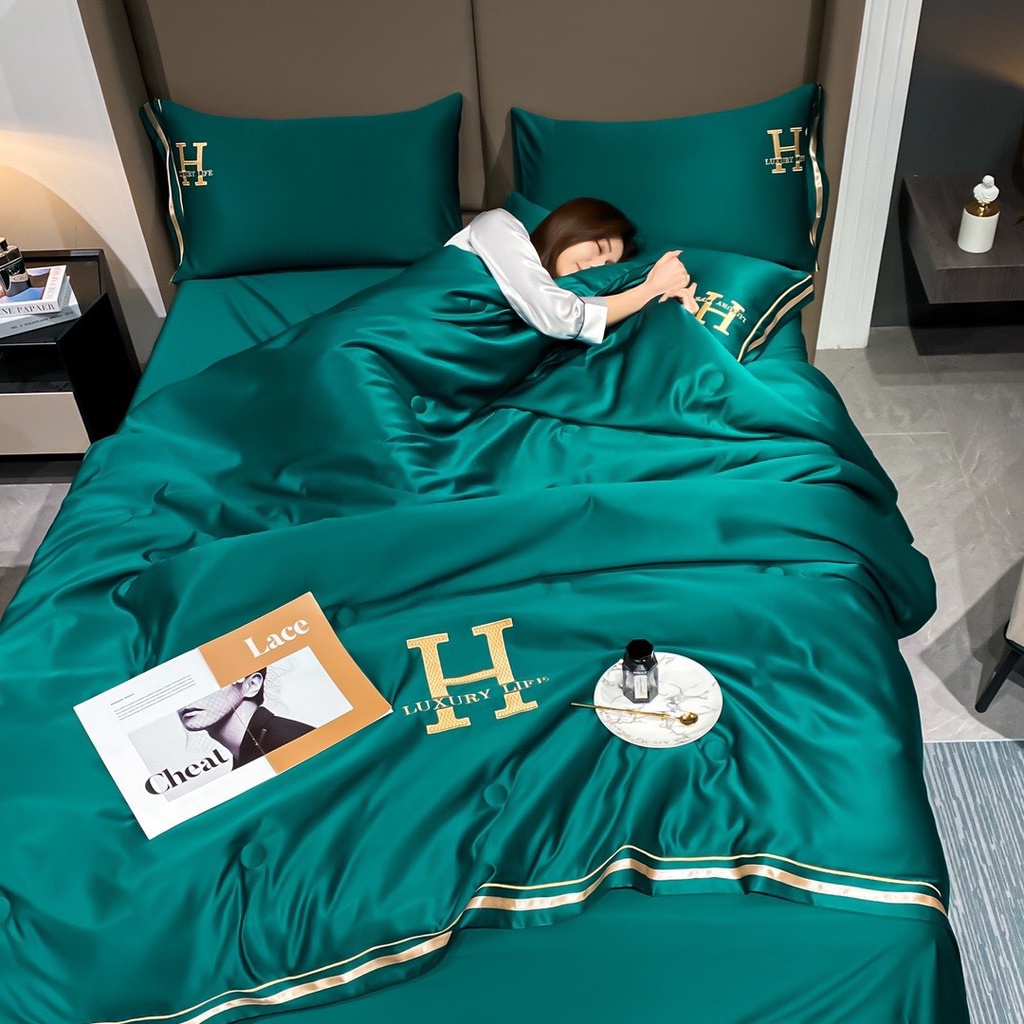 Bộ chăn ga gối phi lụa Luxury Life cao cấp chăn trần bông siêu mềm mại, ga gối phi lụa thoáng mát không nhăn không xù
