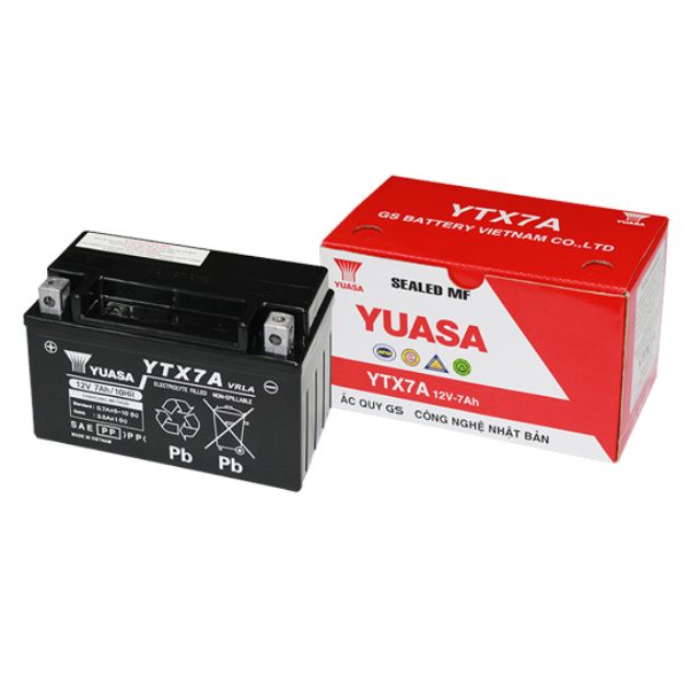 Ắc quy khô GS YTX7A 12V 7Ah (Acquy 7A thấp lùn cho Vespa Attila Shark  Excel Joyride Enjoy Spacy Yuasa)