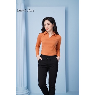 Áo Croptop dài tay có cổ chất vải cotton co giãn 4 chiều
