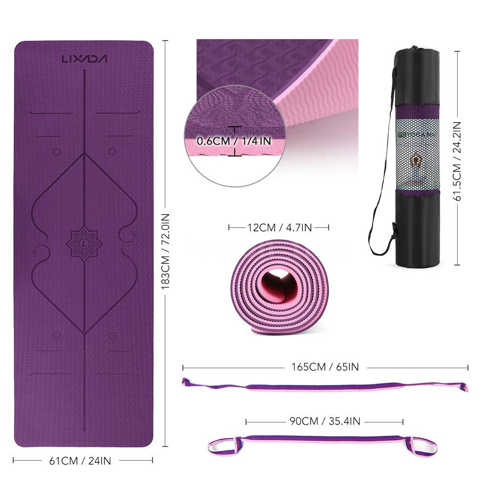 Lixada Non Slip Yoga Mat Certified TPE Eco Friendly Lightweight Pilates Exercise Mat with Body Alignment Lines, Carryin