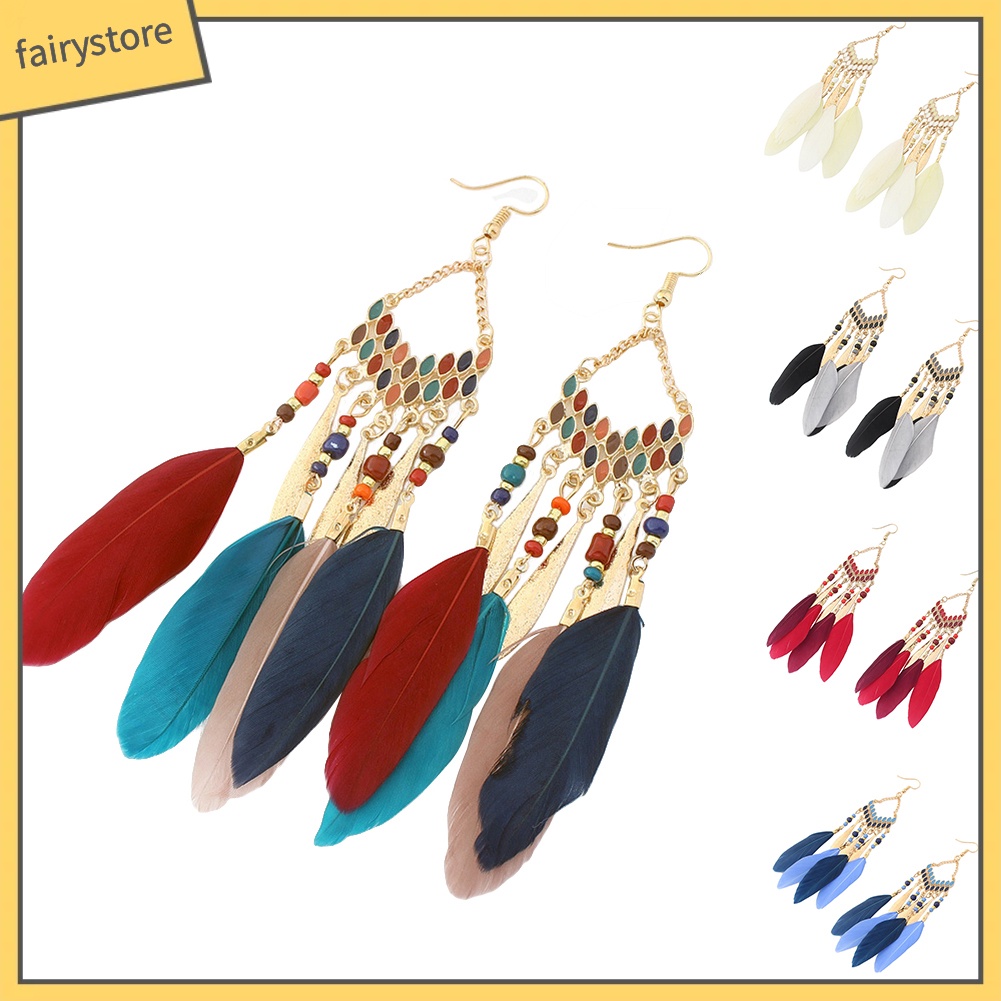 Khuyên tai dáng dài phối tua rua lông vũ phong cách Bohomian độc đáo