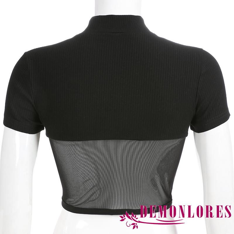 Áo Croptop Dệt Kim Tay Ngắn Cổ Lọ Thiết Kế Xuyên Thấu Quyến Rũ