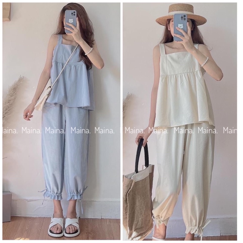 Set áo hai dây quần dài có dây rút đi biển siêu xinh