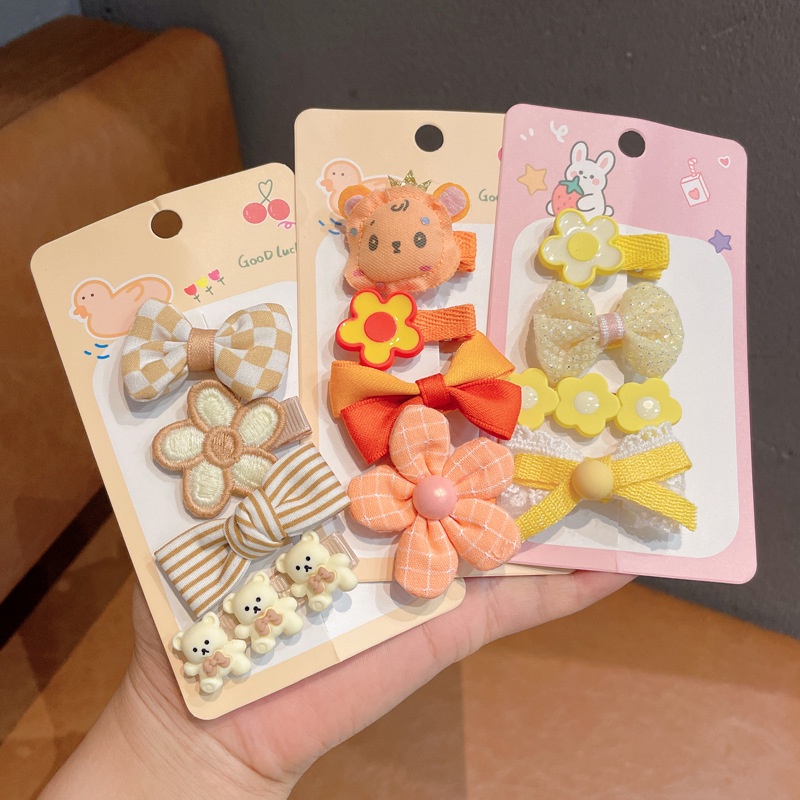 Bộ 4 Kẹp Tóc Hình Nơ Họa Tiết Hoa / Bướm Hoạt Hình Phong Cách Hàn Quốc Dễ Thương Tinh Tế Thời Trang Cho Bé Gái