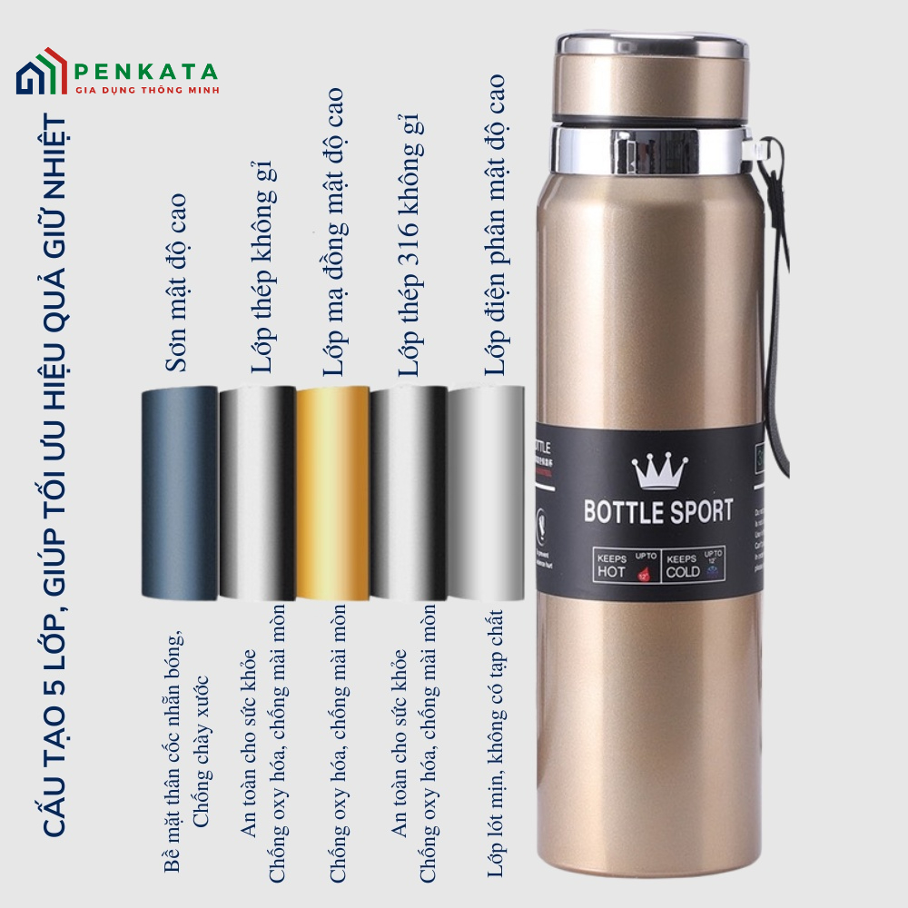 Bình giữ nhiệt Vacuum Cup 1000ml, Bình nước giữ nhiệt inox 316 cao cấp giữ nhiệt 24h PENKATA