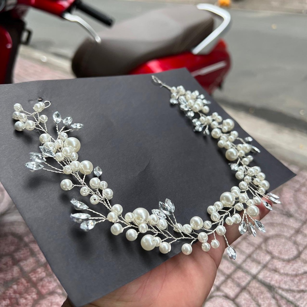 Dây hạt trai đá cài tóc cô dâu 35cm Giangpkc 2022 SP2221636  Phụ kiện cưới Giang