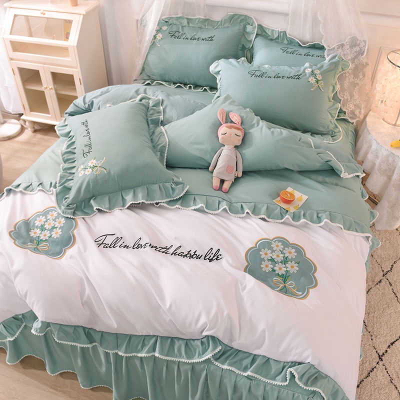 Korean princess style four seasons cotton bed skirt four piece set net red embroidered quilt cover lace bedspread sheet fitted sheet bedspread