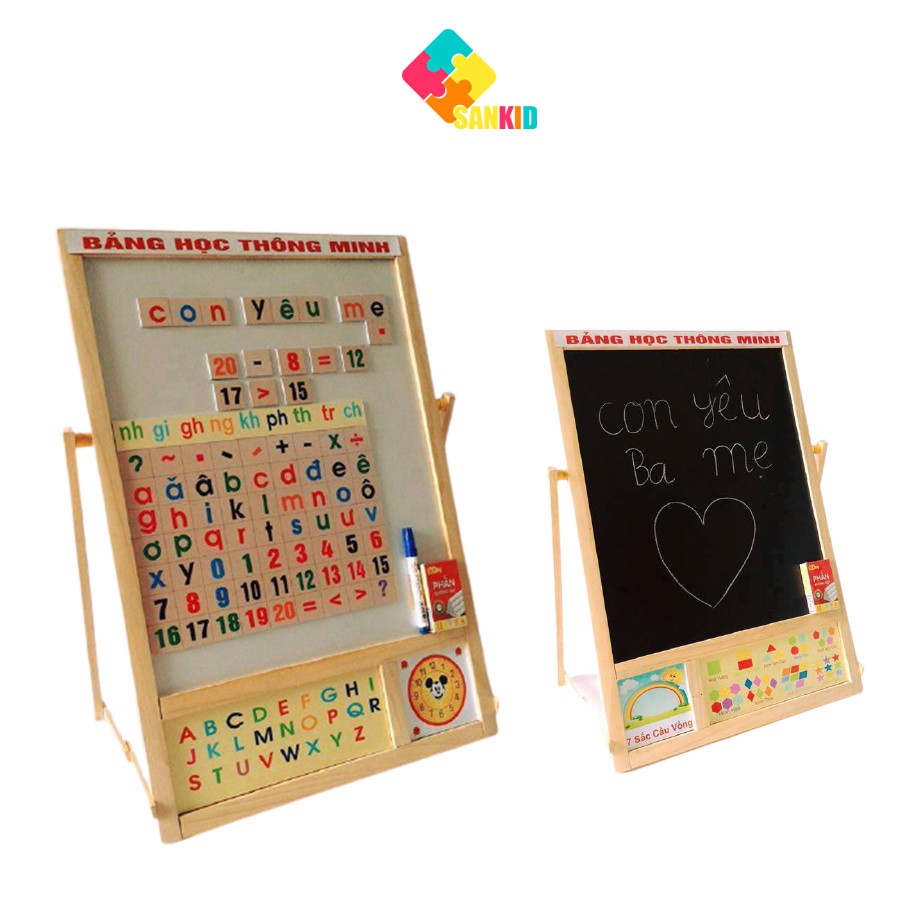 Bảng học thông minh 90*45 hai mặt bằng gỗ dùng được cả phấn và bút, tặng kèm bộ chữ, số, phấn và bút dạ