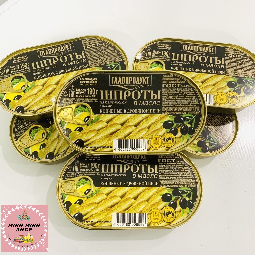 Cá trích cơm biển Baltic hun khói ngâm dầu 190g, cá hộp Glavproduct Nga, hàng nhập khẩu