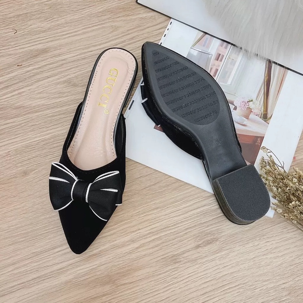Fiship Giày sục dạ mũi nhọn nơ xinh, dép nhung gót 3cm