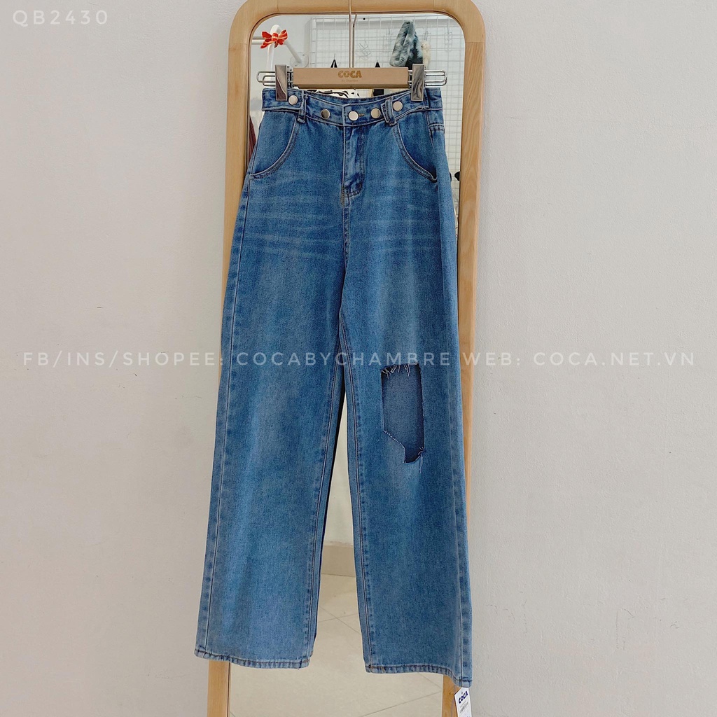 [QB2430] Quần jeans suông cạp cao nhiều cúc rách gối (Có sẵn/Ảnh thật)