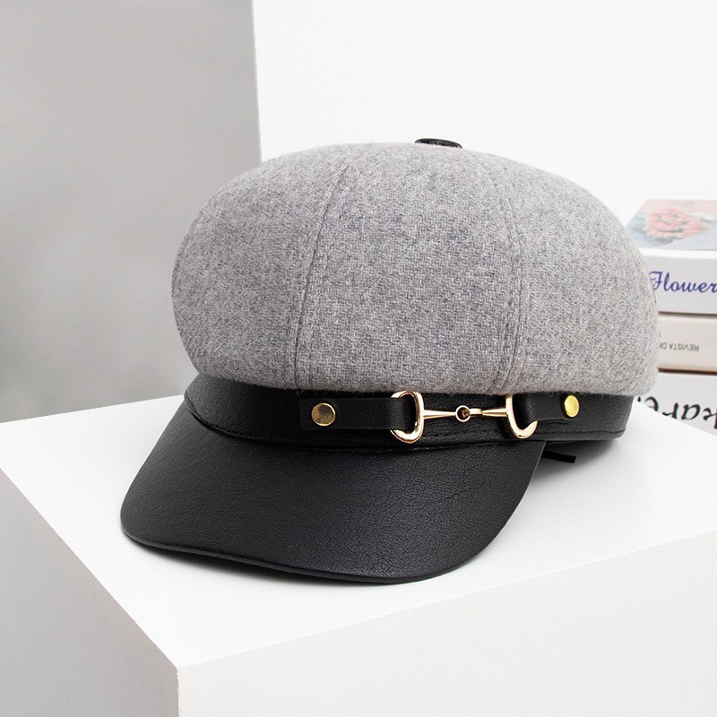 Mũ Beret Da Phối Nút Phong Cách Vintage Anh Quốc Thời Trang Cho Nữ
