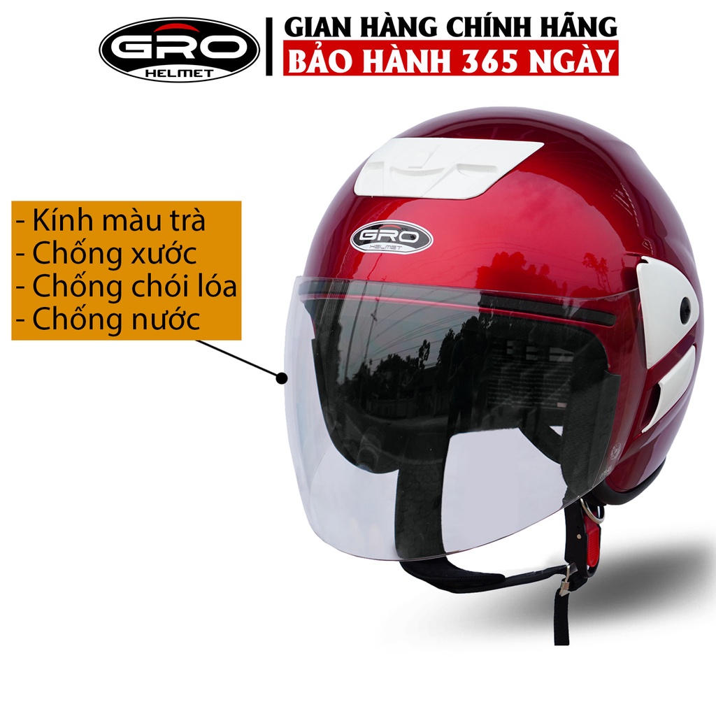 Mũ Bảo Hiểm 3/4 đầu GRO Helmet V2 có kính dài, kiểu dáng trẻ trung cho nam và nữ, khóa kim loại chắc chắn - Đỏ Đô