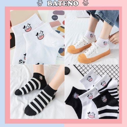 Tất nữ Bateno cổ ngắn hoạ tiết bò sữa đáng yêu TN130