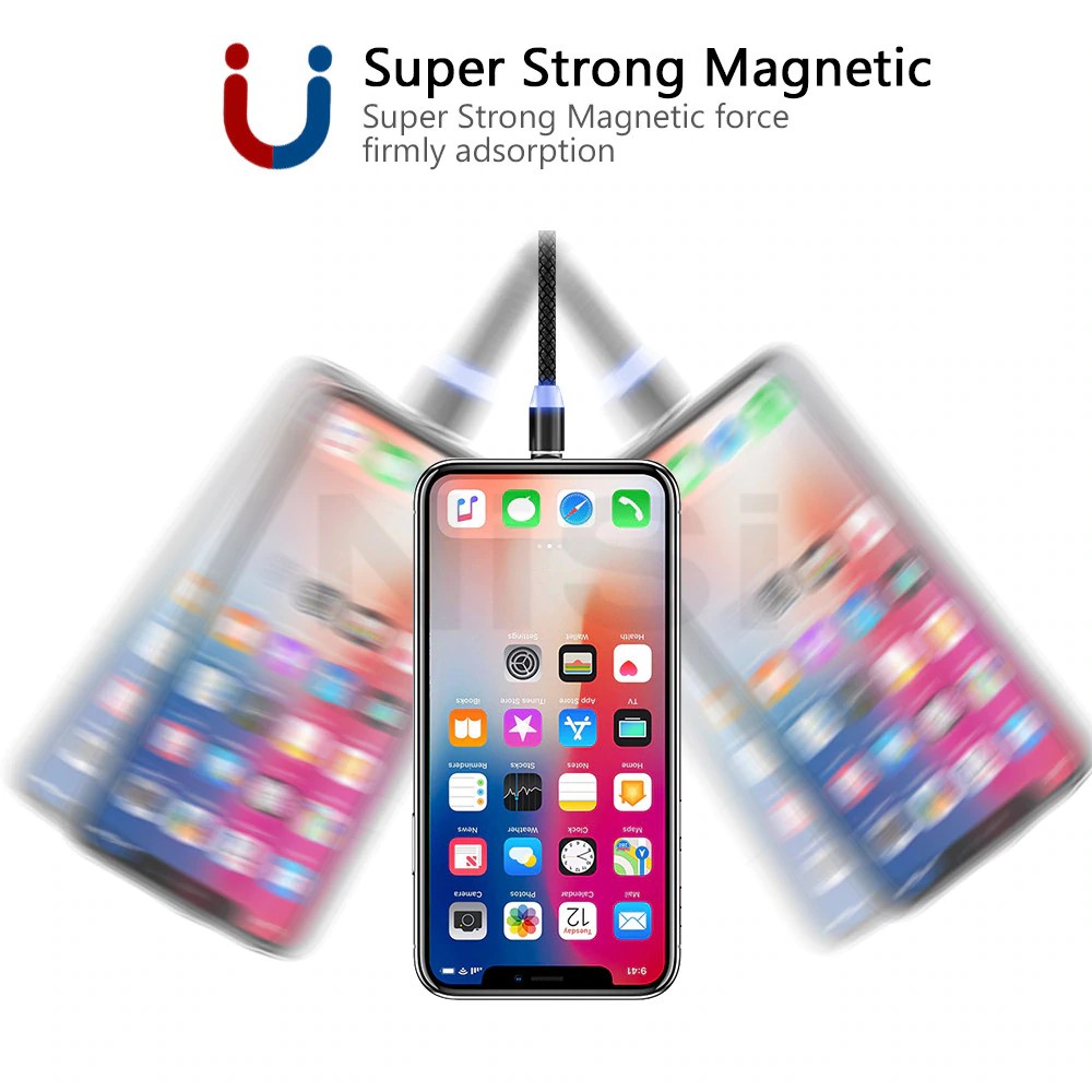 Cáp sạc nam châm 2m có đèn LED cho điện thoại iPhone Android