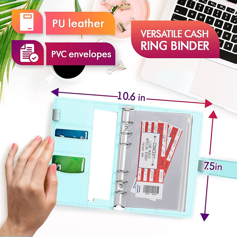 Set budget binder với túi bao khổ A6 có túi đựng tiền xu màu xanh lam