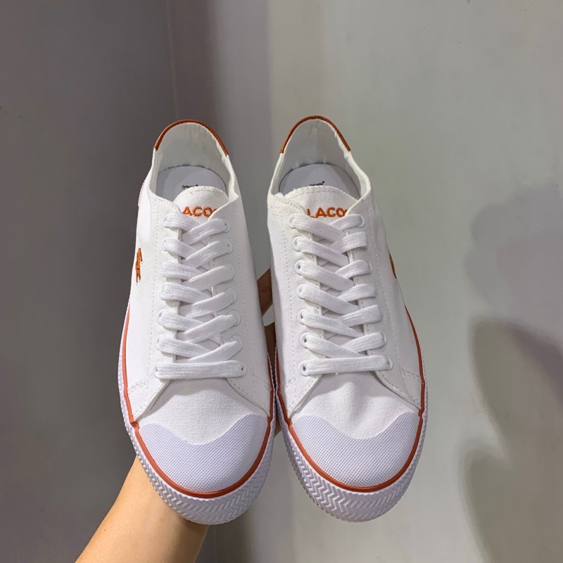 Giày thể thao unisex trắng phối cam thương hiệu Lacoste cao cấp