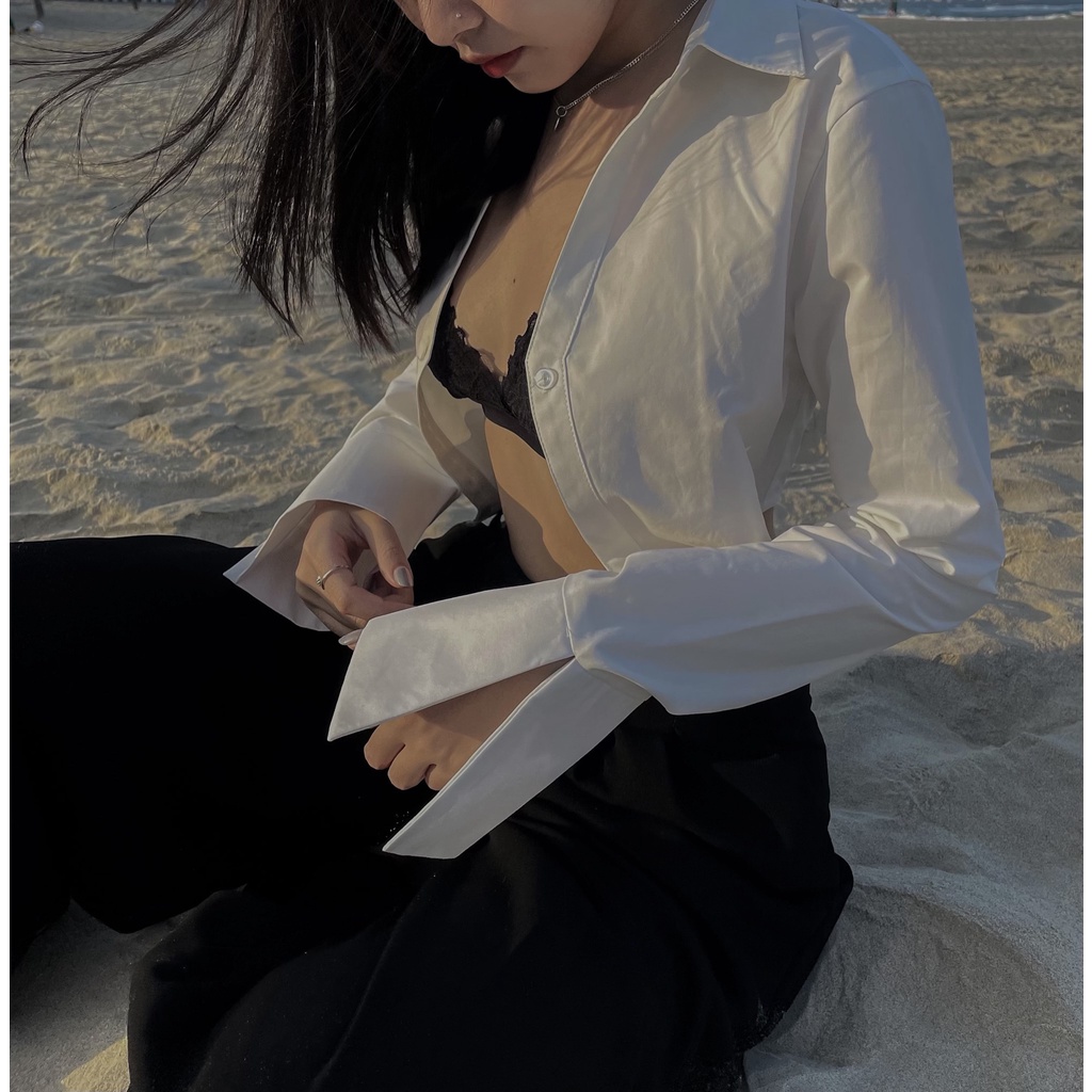 Áo sơ mi trắng tay dài Gem Crop Shirt - Áo sơmi trắng croptop