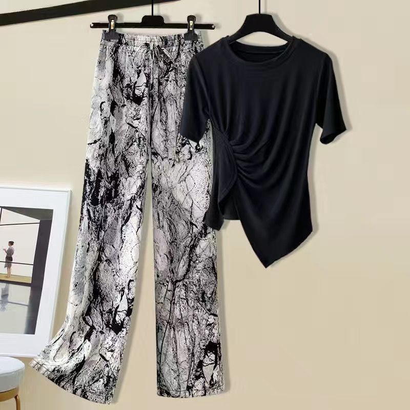 Bộ Áo Thun Lụa chiffon Tay Ngắn Dáng Rộng Họa Tiết Màu Loang + Quần Ống Rộng Thời Trang Cho Nữ