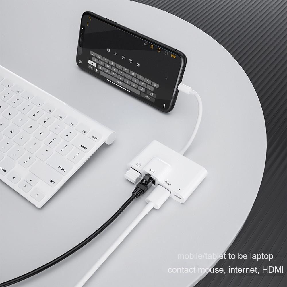 AMORUS Đầu chuyển đổi Lightning sang USB OTG+ RJ45 + HDMI + cổng sạc chuyên dụng